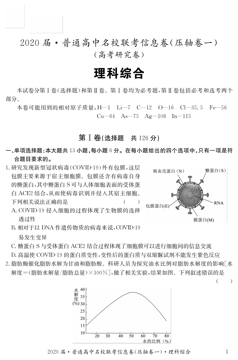 2020届湖南省普通高中名校联考信息卷（压轴卷一）理综试题（含答案解析）_第1页