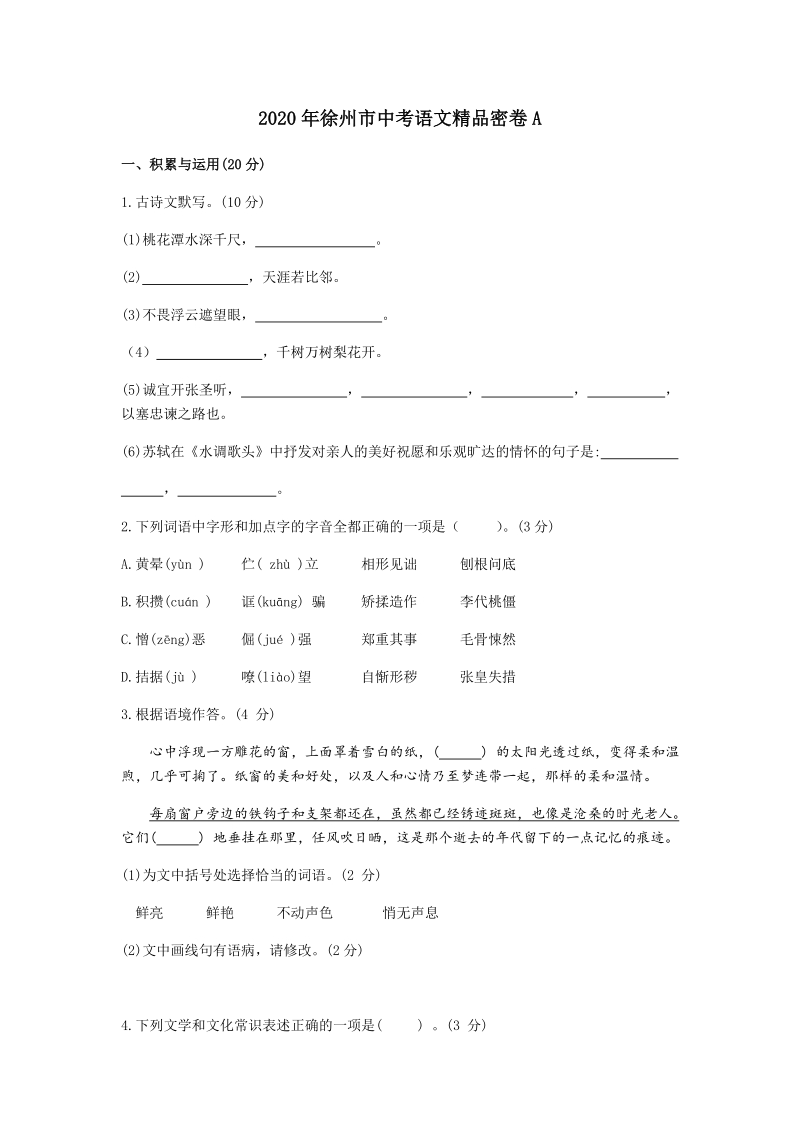 江苏省徐州市2020年中考语文模拟试题（含答案）_第1页