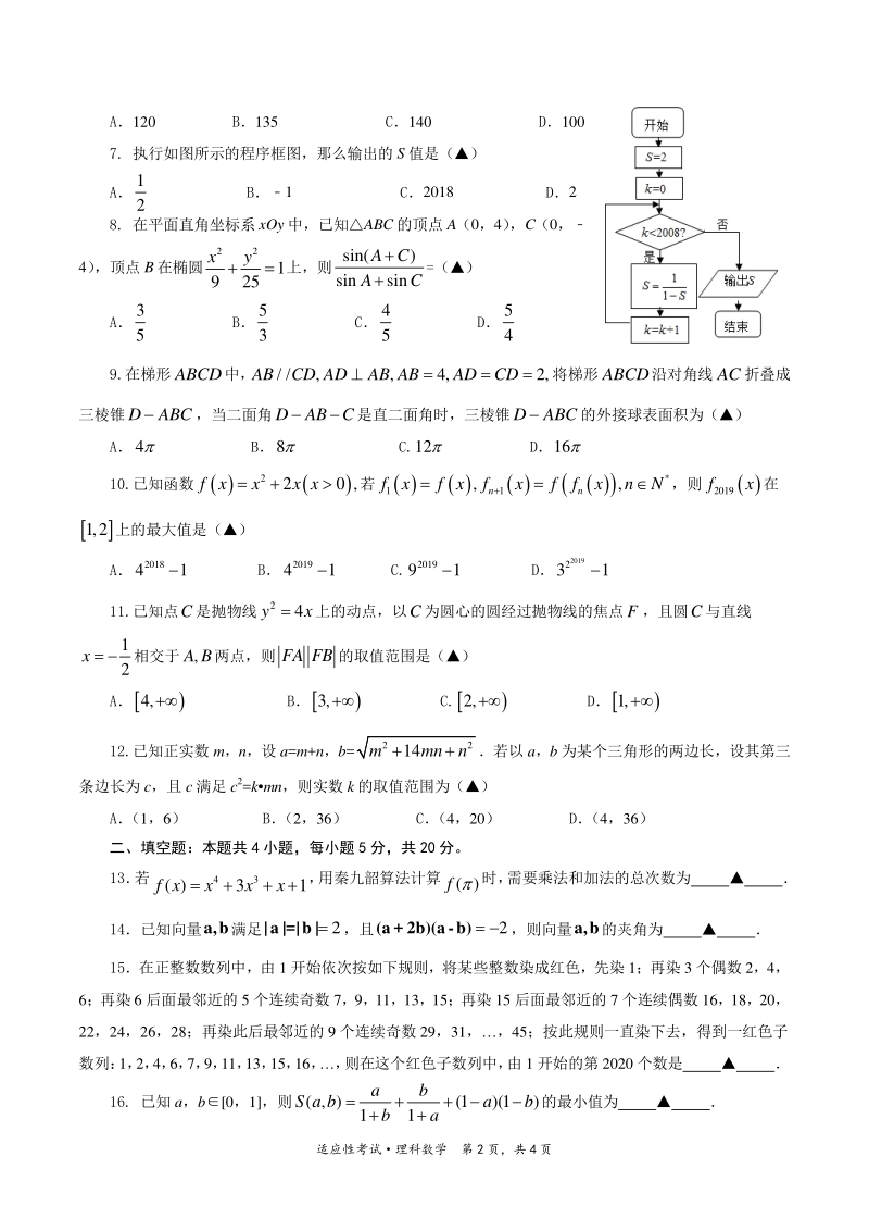 四川省成都市第七中学2020年高考适应性考试数学试卷（理科）含答案_第2页