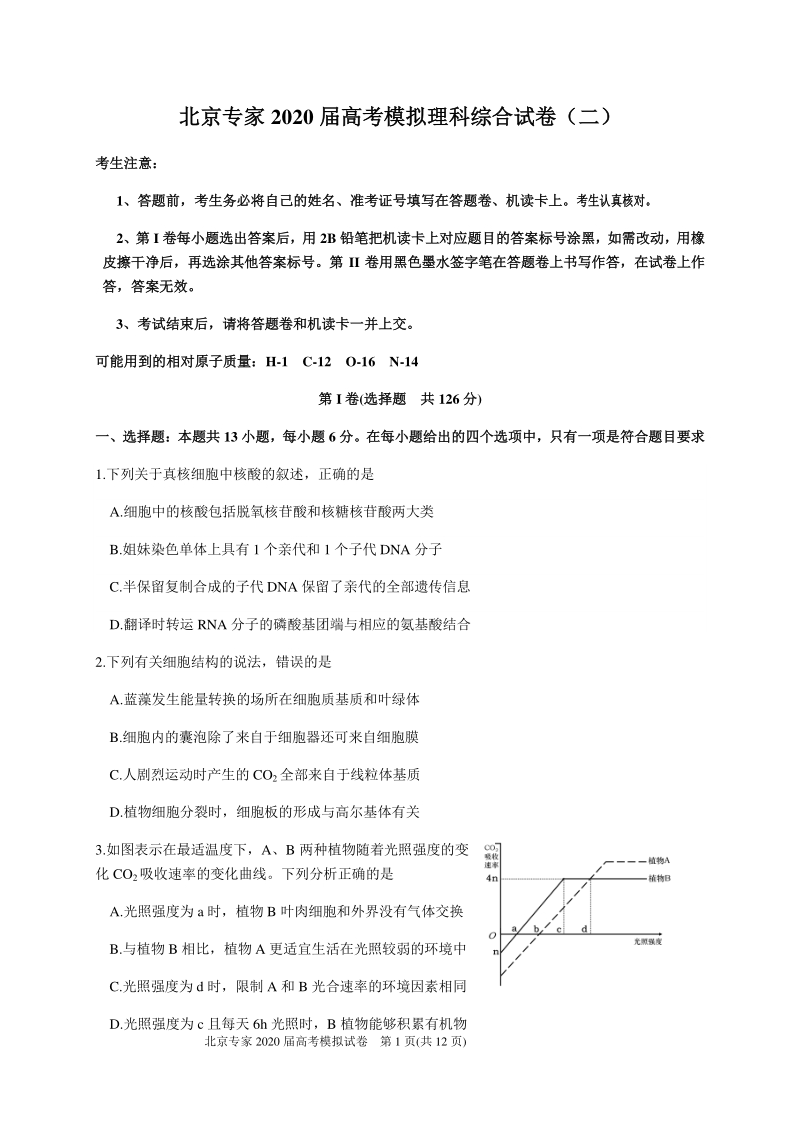 2020届北京高考模拟理科综合试卷（二）含答案_第1页