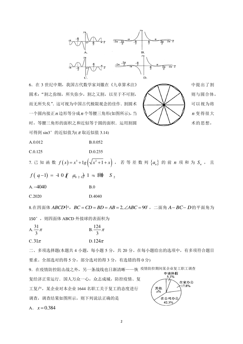 山东省泰安市2020届高三第五次模拟考试数学试题（含答案）_第2页