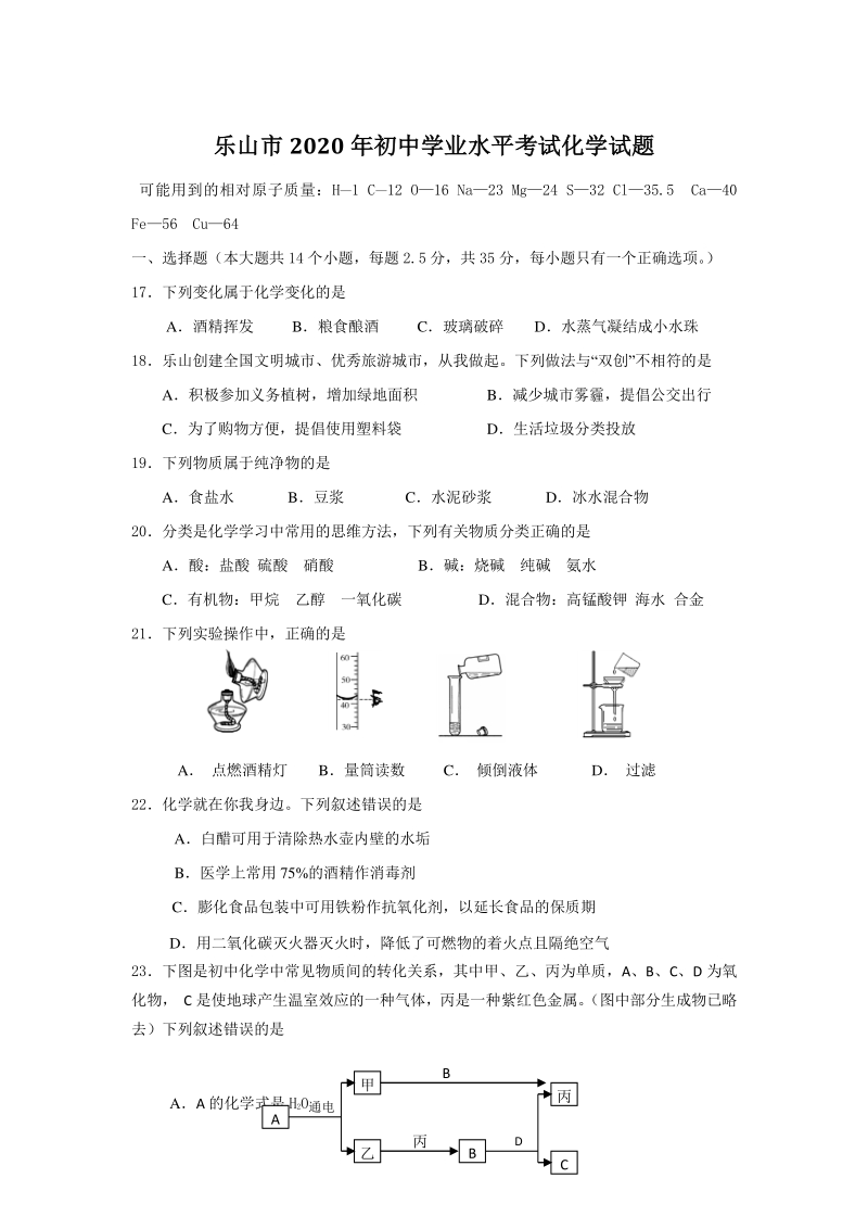 四川省乐山市2020年初中学业水平考试化学试题（含答案）_第1页
