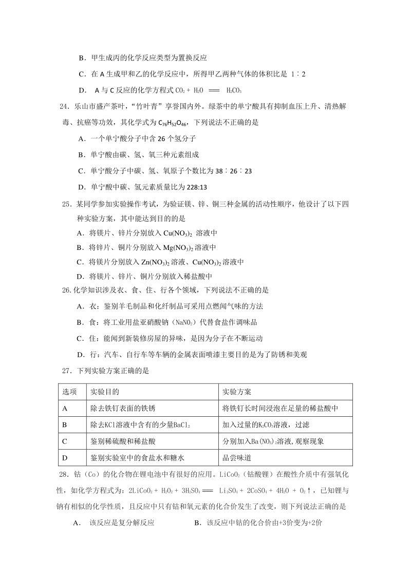 四川省乐山市2020年初中学业水平考试化学试题（含答案）_第2页