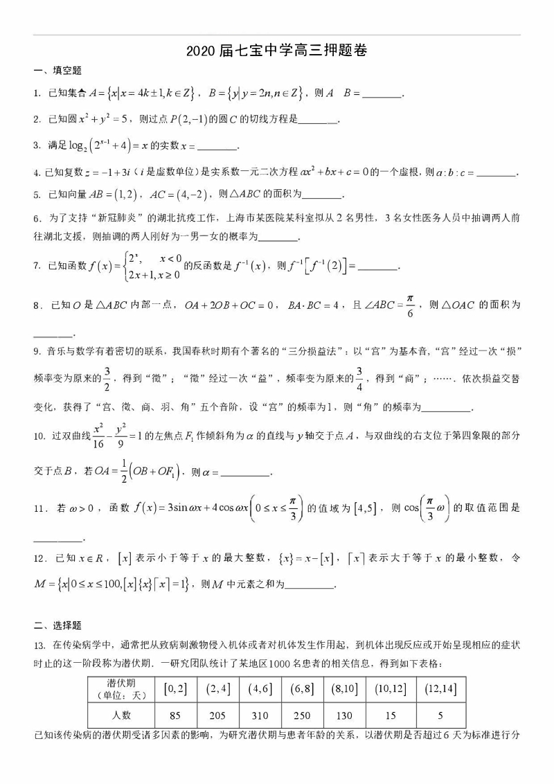 上海市闵行区2020届高考数学押题试卷（含答案）_第1页