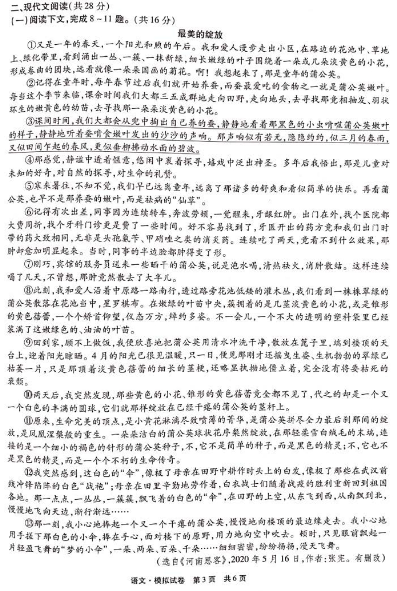 2020年河南省新野县中考语文第三次模拟考试试卷（含答案）_第3页