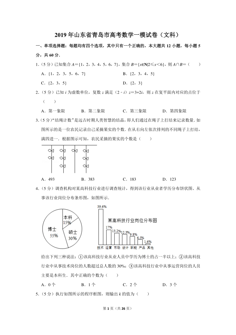 2019年山东省青岛市高考数学一模试卷（文科）含详细解答_第1页