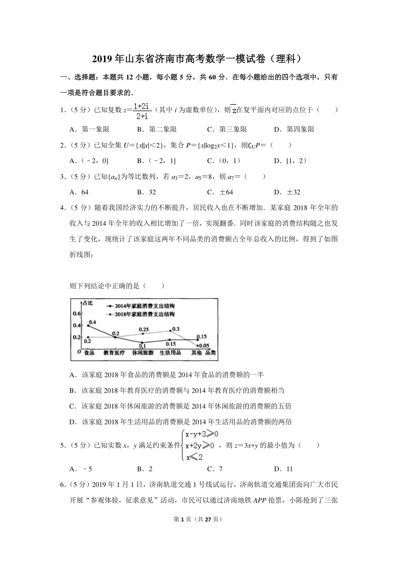 2019年山东省济南市高考数学一模试卷（理科）含详细解答_第1页