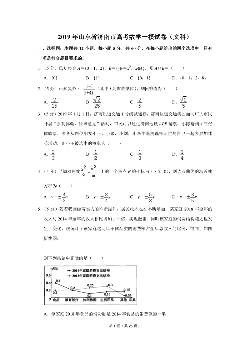 2019年山东省济南市高考数学一模试卷（文科）含详细解答_第1页