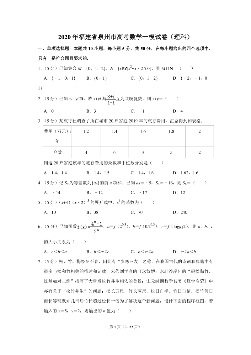 2020年福建省泉州市高考数学一模试卷（理科）含详细解答_第1页