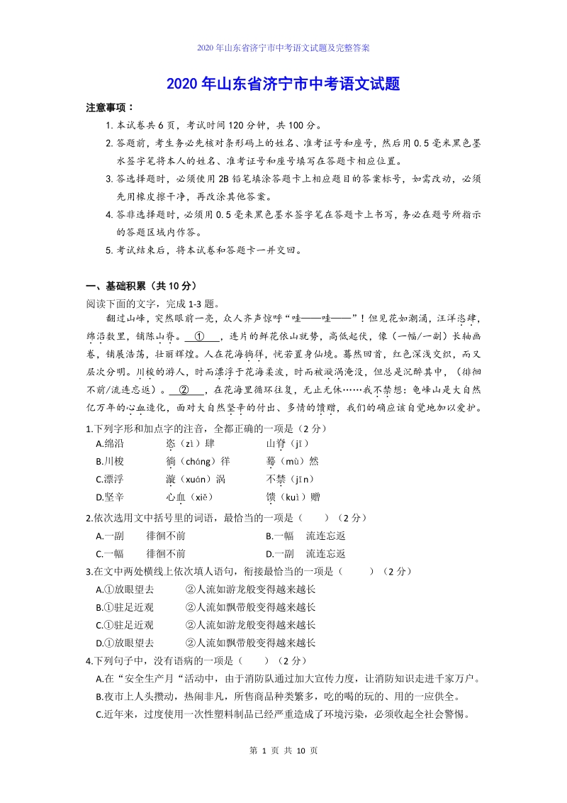 2020年山东省济宁市中考语文试题及完整答案_第1页