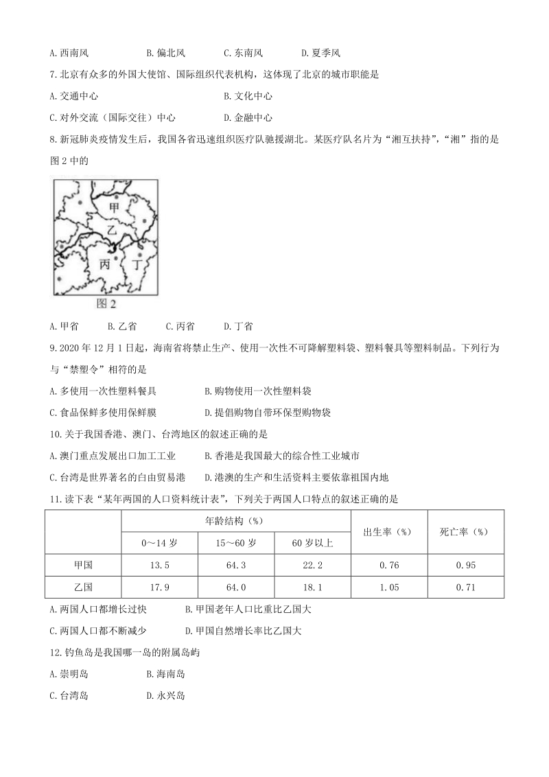 海南省2020年八年级学业水平测试地理试题（含答案）_第2页