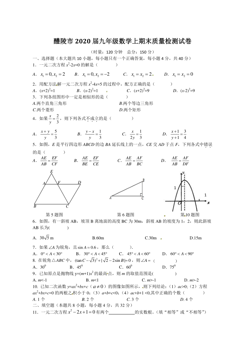 湖南省醴陵市2020届九年级上期末考试数学试题（含答案）_第1页