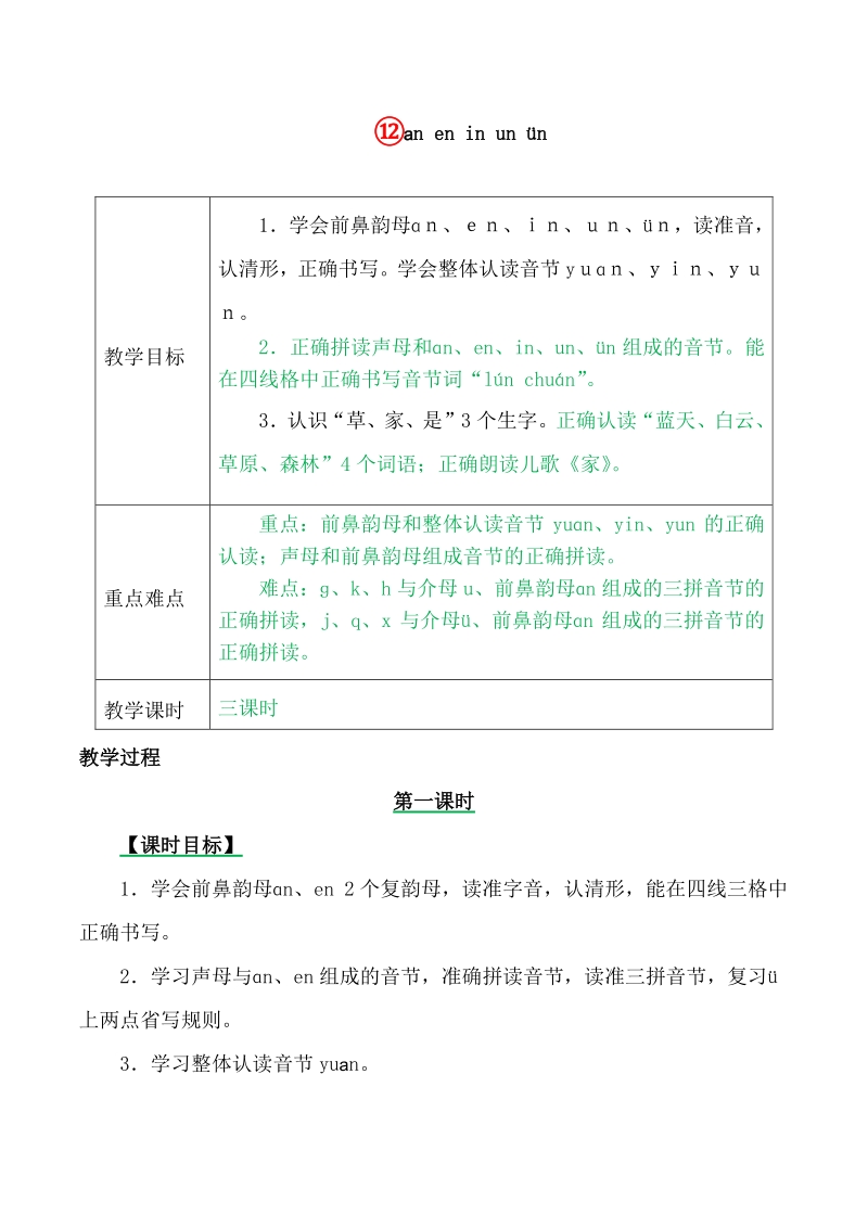 汉语拼音12 ɑn en in un ün 教案+备课素材_第1页