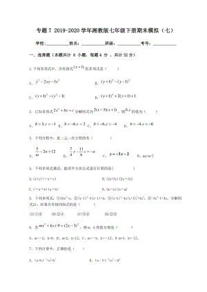 2019-2020学年湘教版七年级数学下册（专题七）期末复习试卷（七）含答案