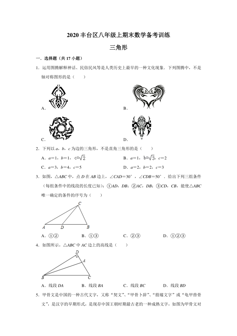 2019-2020学年北京市丰台区八年级上《第12章 三角形》期末复习数学备考训练（含答案解析）_第1页