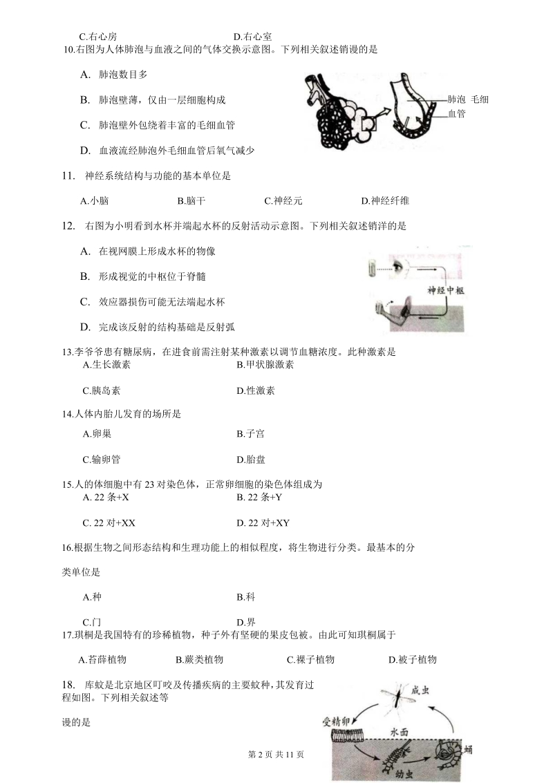 北京市2020年初中学业水平考试（学考）生物试题（含答案）_第2页