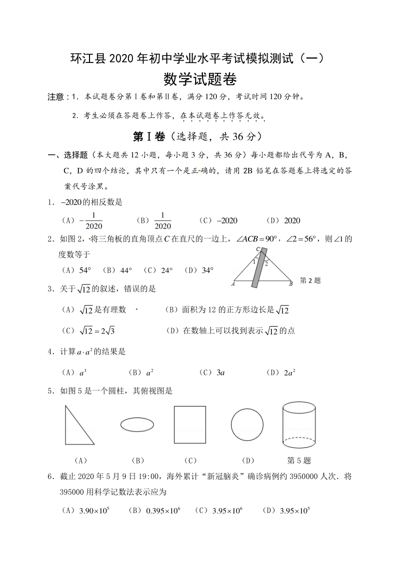 广西河池市环江县2020届九年级学业水平考试模拟测试数学试题（一）含答案_第1页