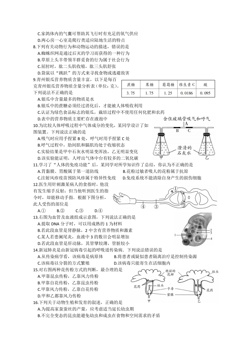 山东省潍坊市2020年中考生物试题（含答案）_第2页