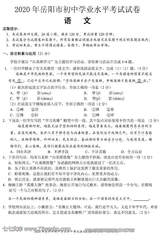 湖南省岳阳市2020年中考语文试题含答案