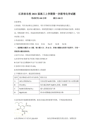 江西省名校2021届高三上学期第一次联考化学试题（含答案）