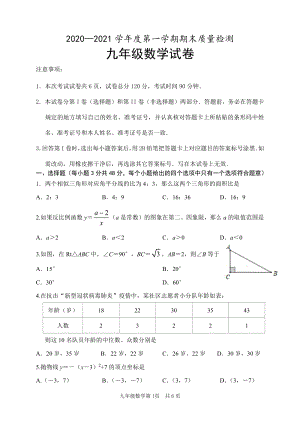 河北省唐山市乐亭县2021届九年级上期末考试数学试题（含答案）