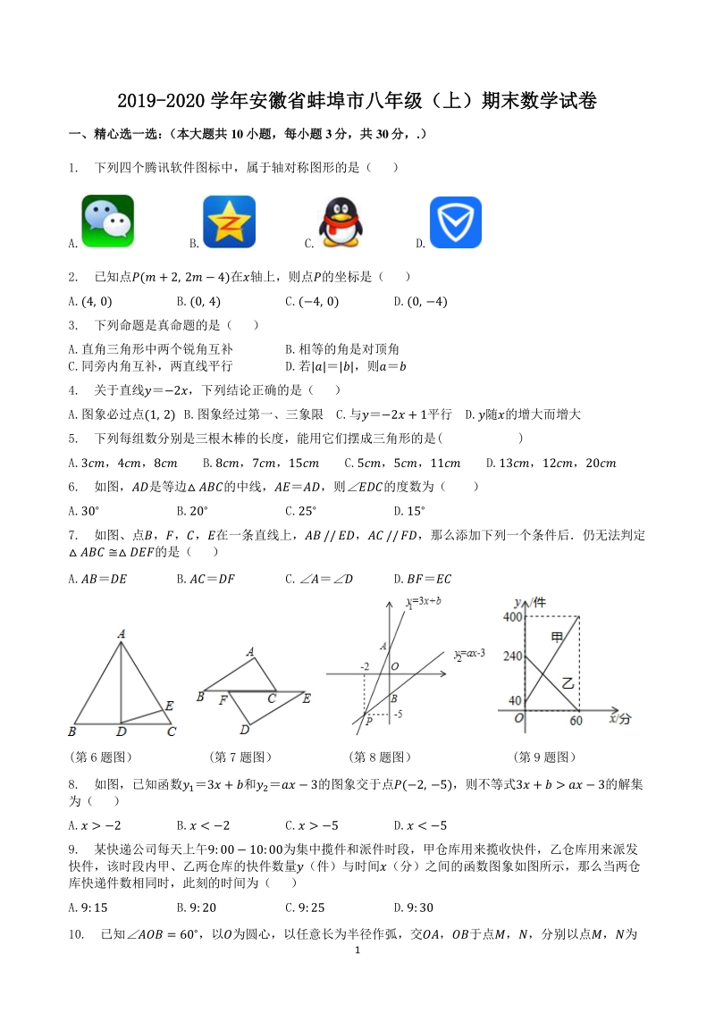 2019-2020学年安徽省蚌埠市八年级上期末数学试卷（含答案）_第1页