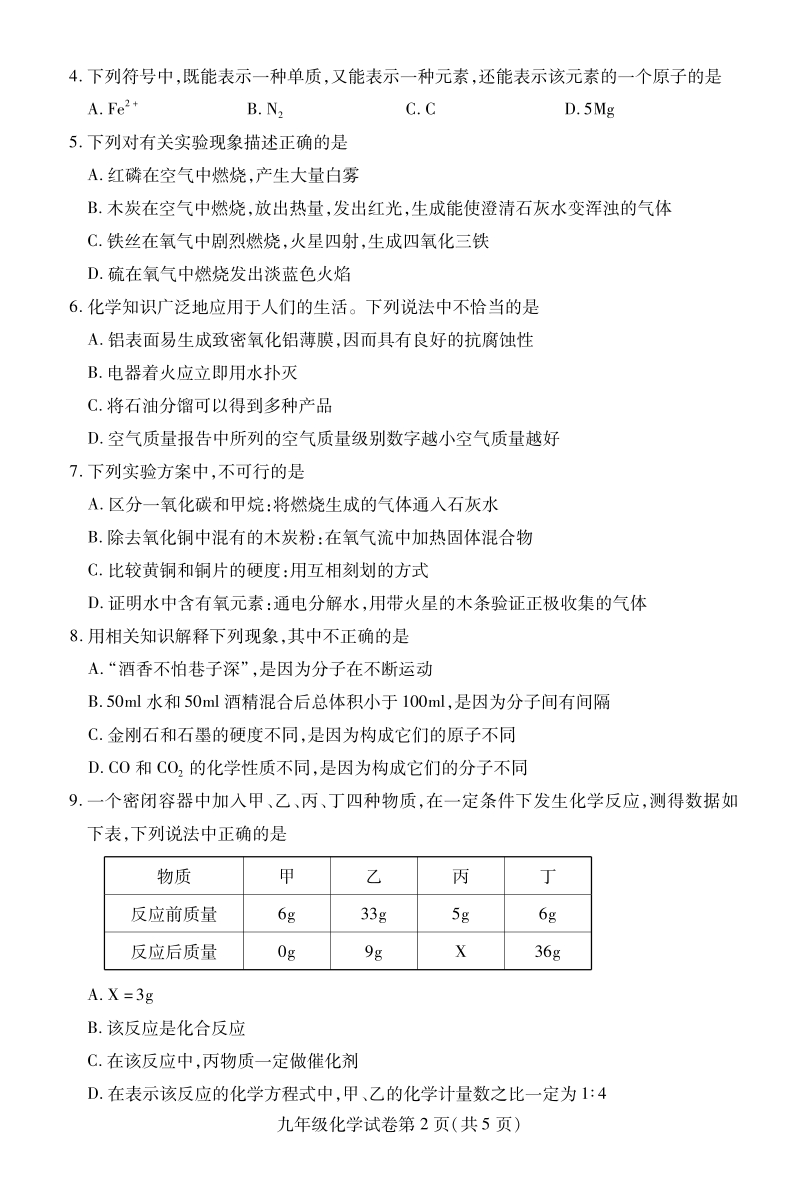 湖北省鄂州市2021届九年级上期末考试化学试题（含答案）_第2页