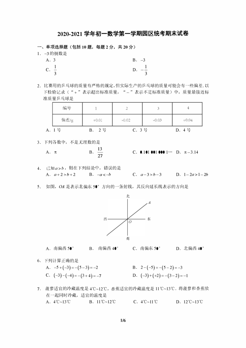 江苏省苏州市工业园区2020-2021学年七年级上期统考期末数学试卷（含答案）_第1页