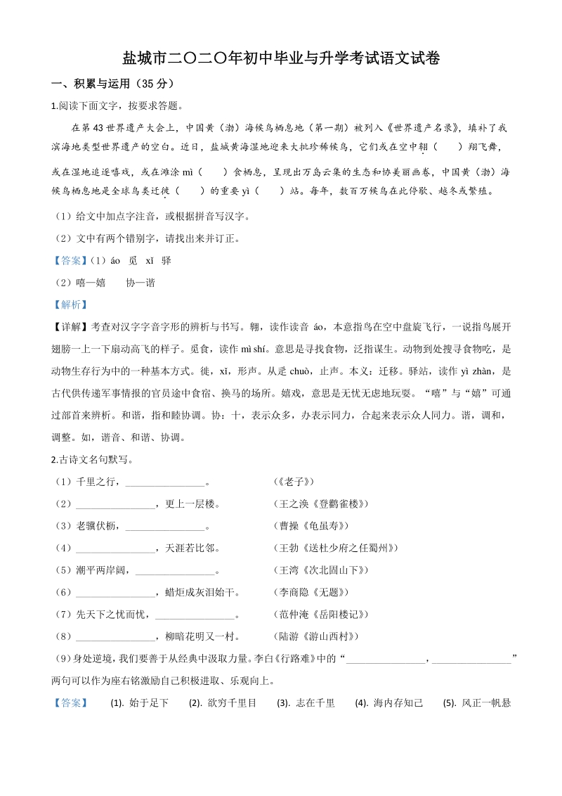 2020年江苏省盐城市中考语文试题（解析版）_第1页