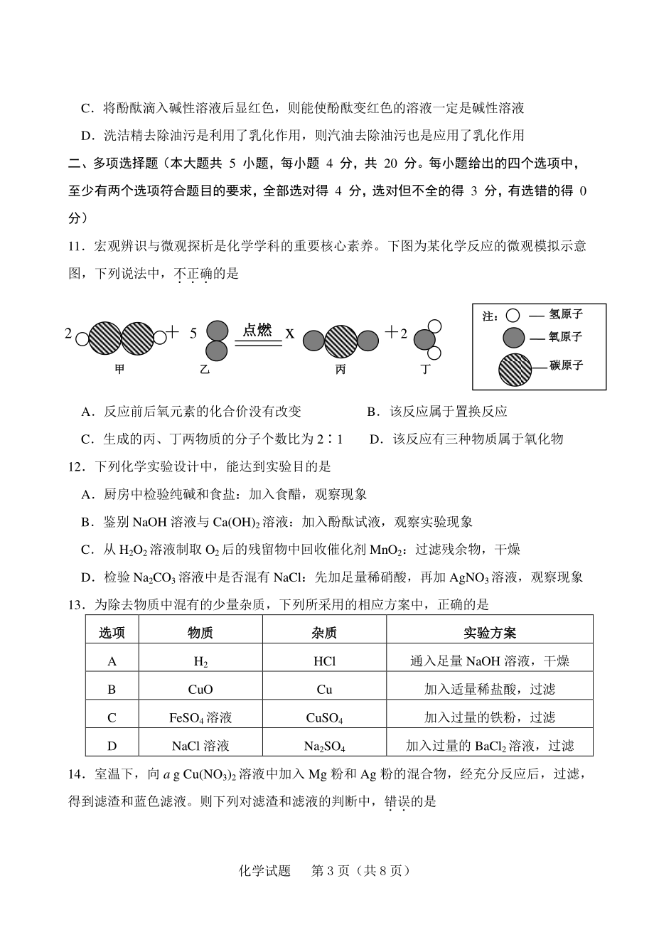 2021年山东省济南市天桥区中考一模化学试题（含答案）_第3页
