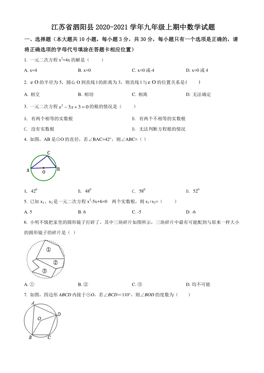 江苏省泗阳县2020-2021学年九年级上期中数学试题（含答案解析）_第1页