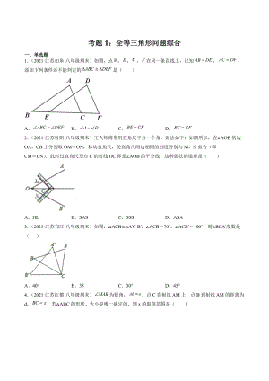 2021-2022学年苏科版八年级上数学期末考点题1：全等三角形问题综合（含答案解析）