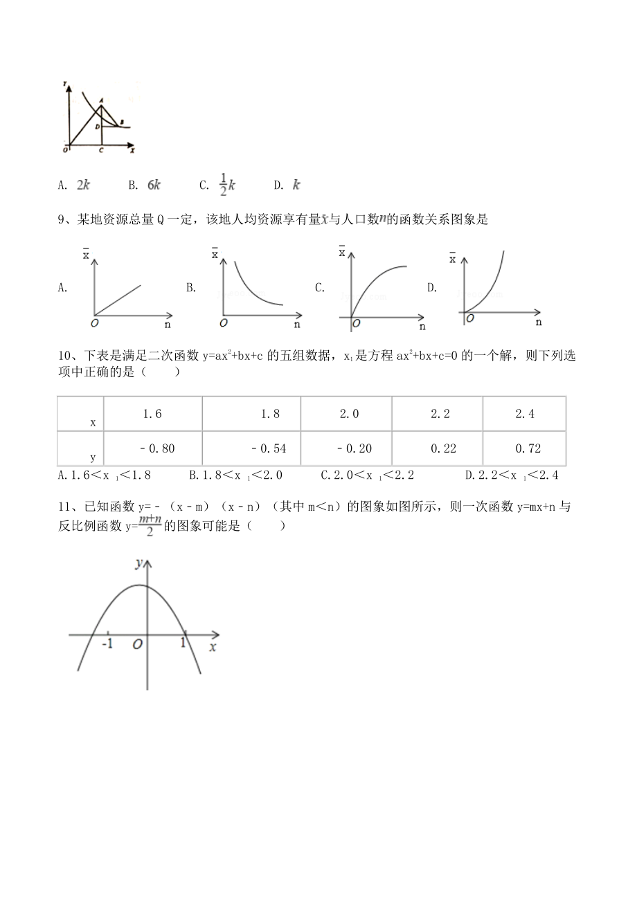 沪科版九年级数学上册《第21章二次函数与反比例函数》单元试卷（含答案）_第2页