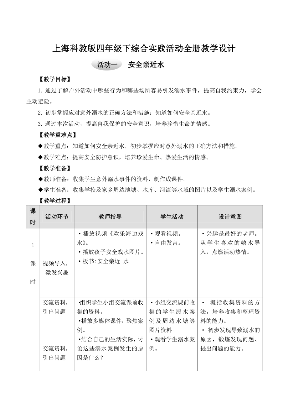 2021年上海科教版四年级下《综合实践活动》全册教学设计_第1页
