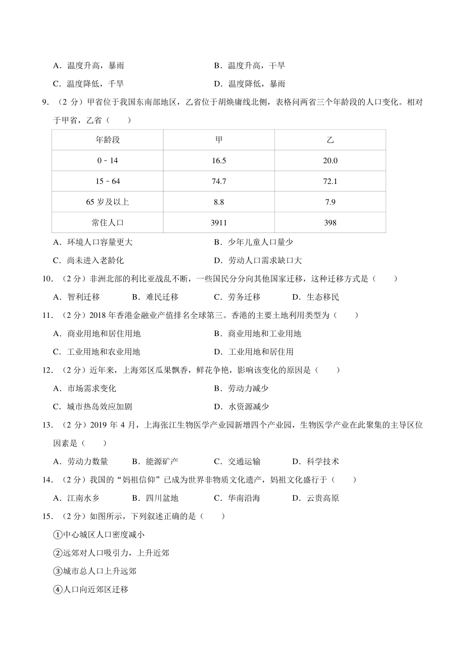 2019年上海市高中毕业统一学业考试地理试卷（含答案解析）_第2页