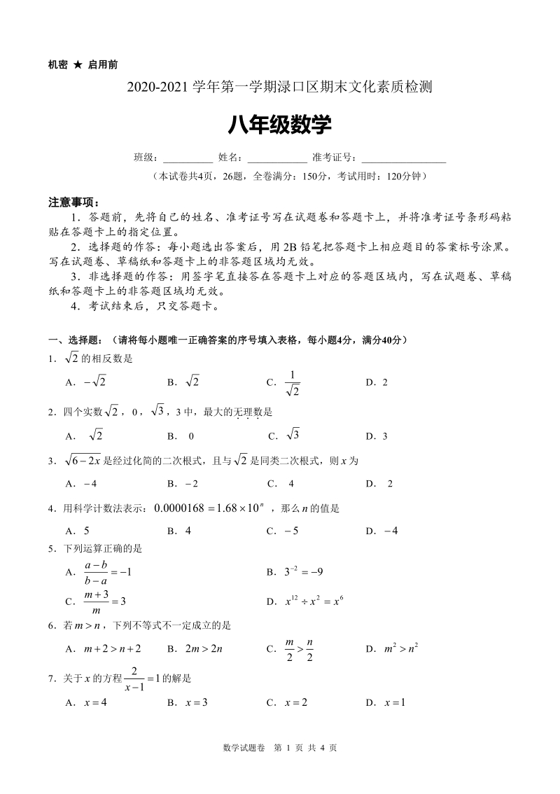 湖南省株洲市渌口区2020-2021学年八年级上期末考试数学试题（含答案）_第1页