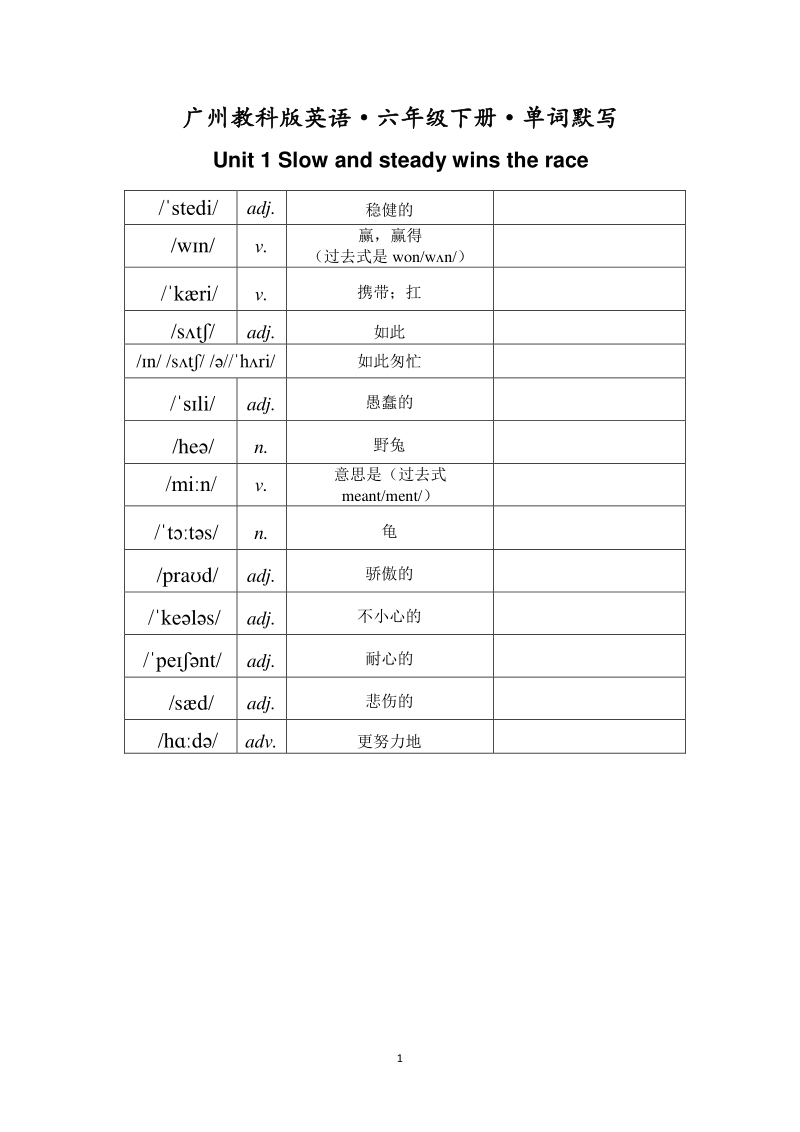 2021年教科版（广州）六年级下册英语单词默写(带音标) 含答案_第1页