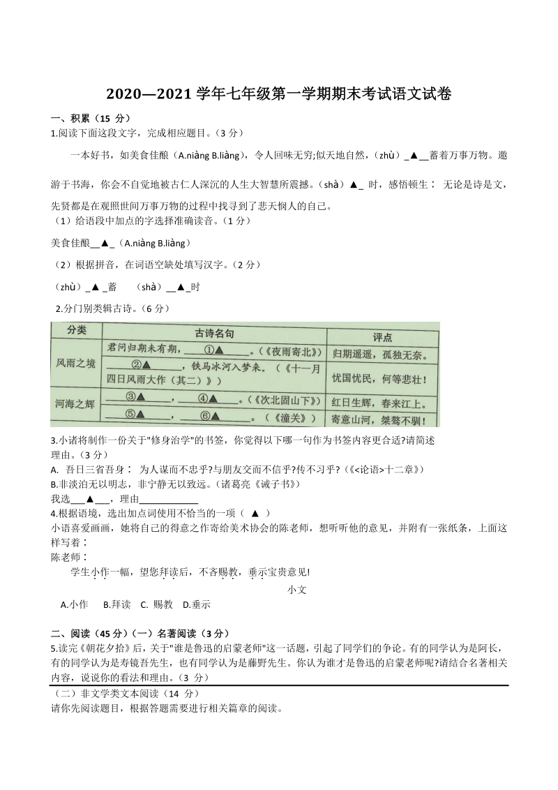 浙江省诸暨市2020—2021学年七年级上期末考试语文试题（含答案）_第1页