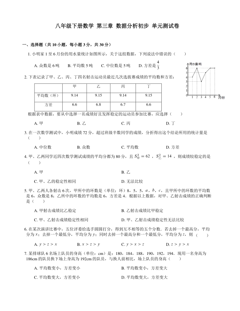2021学年浙教版八年级下册数学 第3章 数据分析初步 单元测试卷（含答案）_第1页