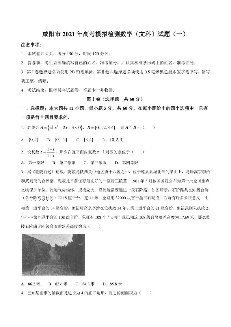 陕西省咸阳市2020-2021学年高考模拟检测文科数学试题（一）含答案_第1页