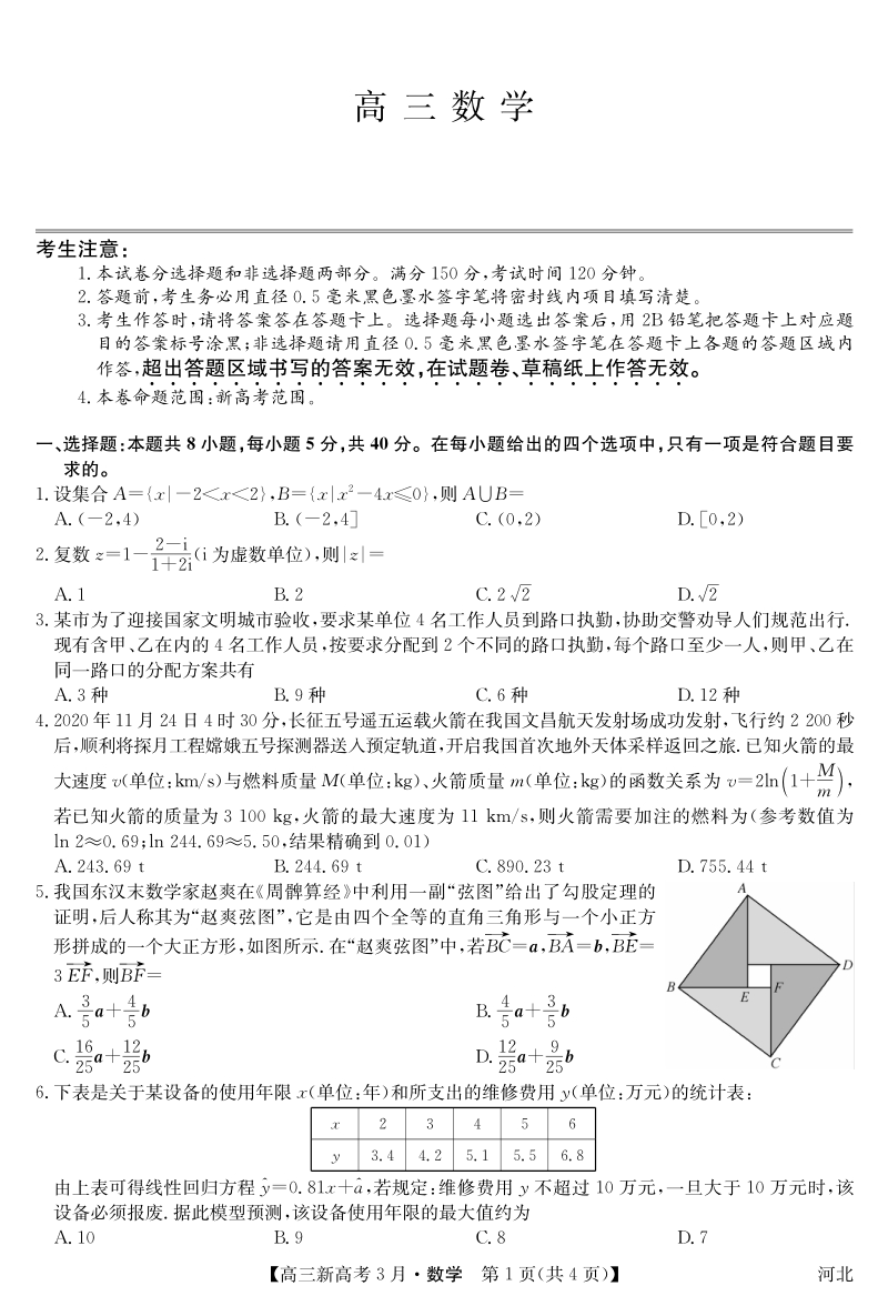 河北省九师联盟2021年高三3月联考数学试题（含答案）_第1页