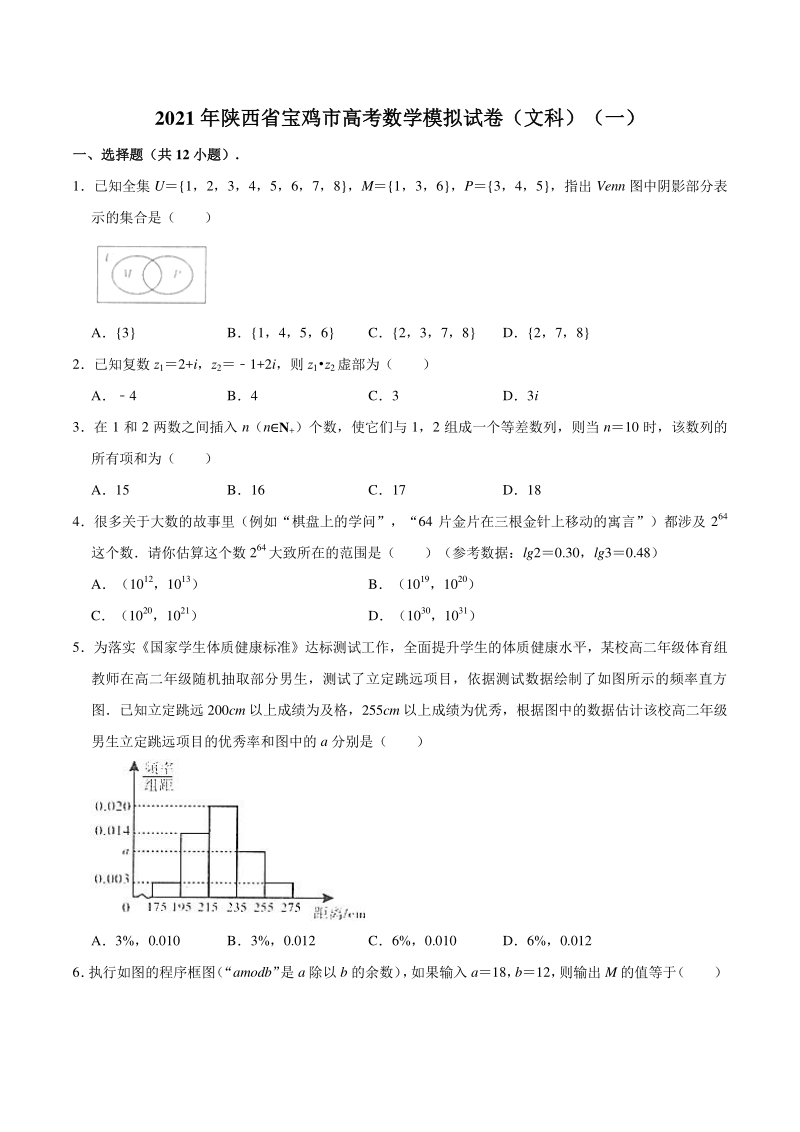 陕西省宝鸡市2021届高考模拟检测数学（文科）试题（一）含答案解析_第1页