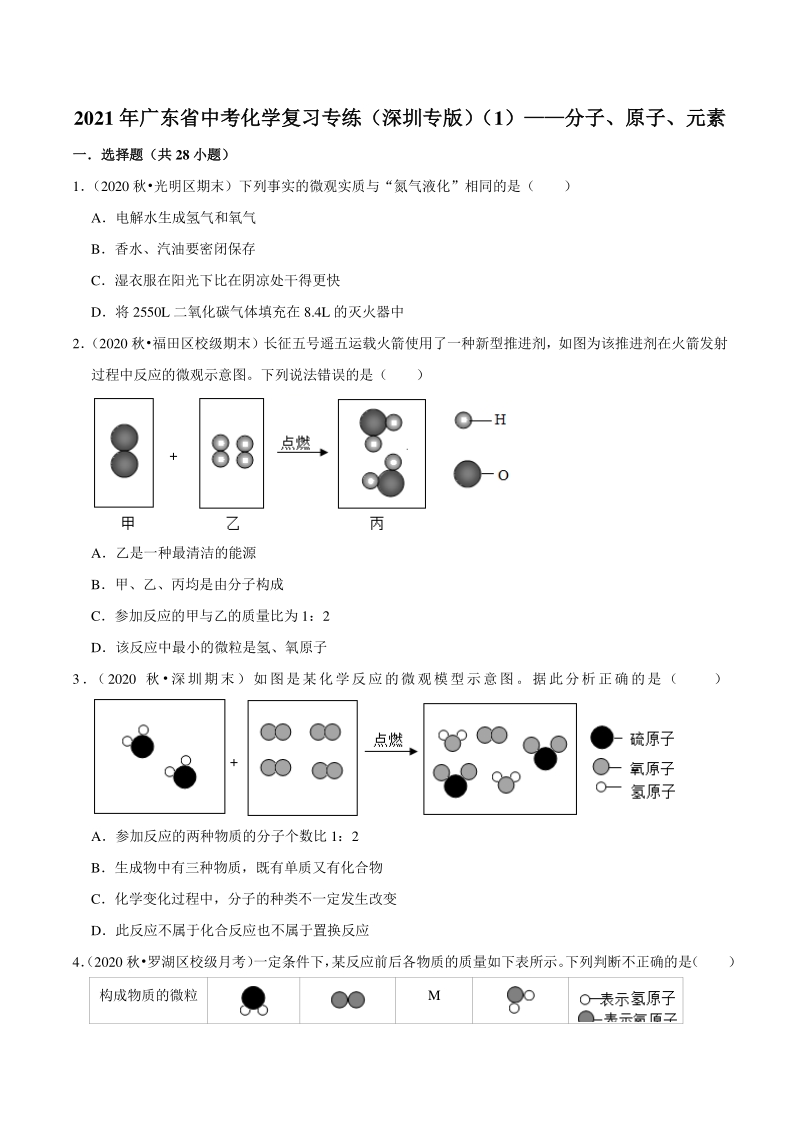 2021年广东省深圳市中考化学复习专练（1）分子、原子、元素（含答案解析）_第1页
