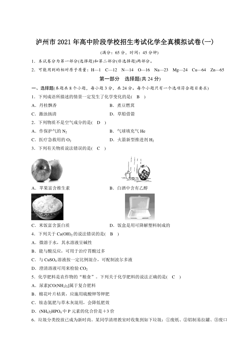 2021年四川省泸州市中考化学全真模拟试卷（1）含答案_第1页