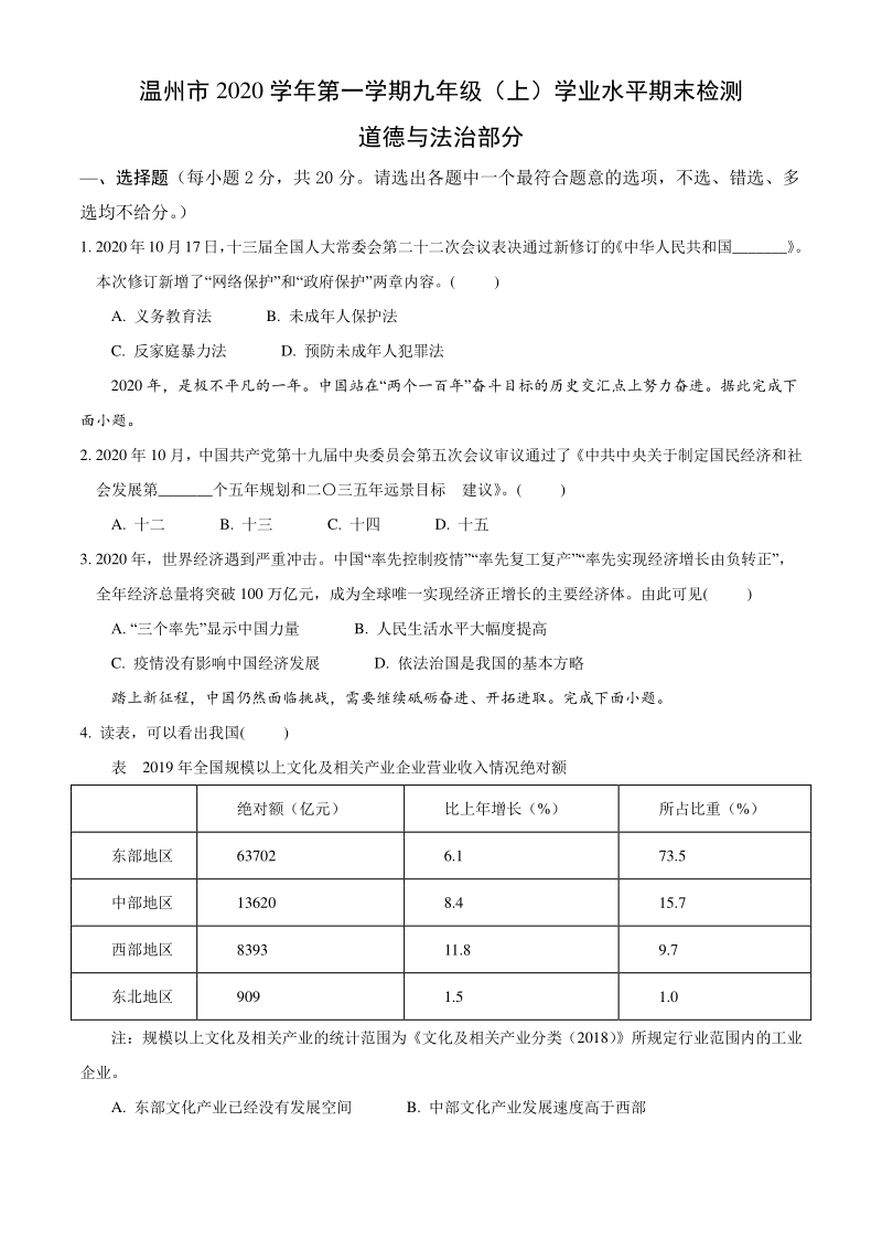 浙江省温州市2020-2021学年九年级上期末道德与法治试题（含答案）_第1页