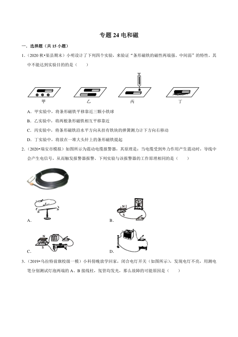 2021年浙江温州中考科学复习专题专练24：电和磁 （含答案解析）_第1页