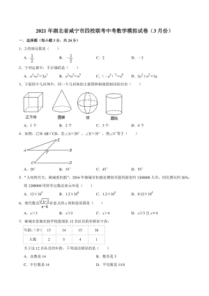 2021年湖北省咸宁市四校联考中考数学模拟试卷（3月份）含答案解析