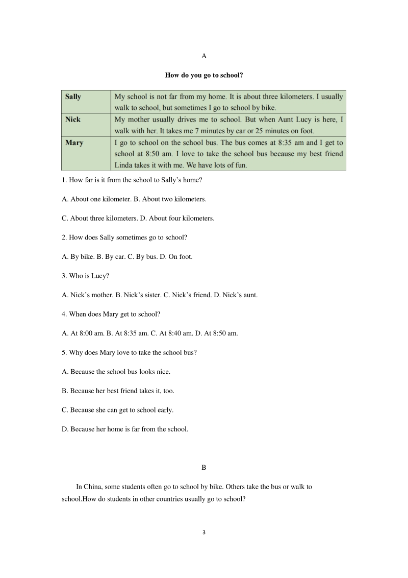 2021年人教版七年级下册英语Unit3 How do you get to school单元质量检测试卷（含答案）_第3页