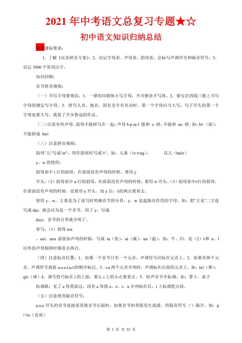 2021年中考语文二轮专题复习：初中语文知识点归纳汇总_第1页