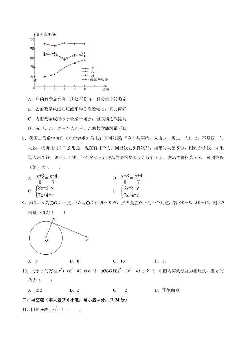 2021年福建省漳州市诏安县中考数学一模试卷_第2页